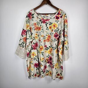 Woman Within Women's Size 2X 26-28 Beige Floral Lace Accent Sleeve Top